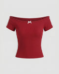 Damen Off-Shoulder T-Shirt mit feinen Spitzenakzenten