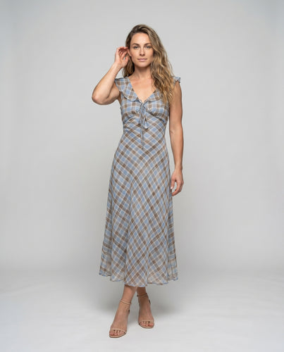 Damen Plaid Maxikleid mit geflochtenem Ausschnitt und schwingendem Rock