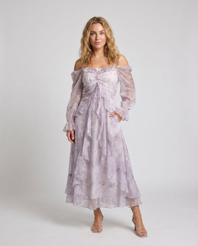 Damen romantisches Maxikleid mit schulterfreien Puffärmeln und zartem Muster