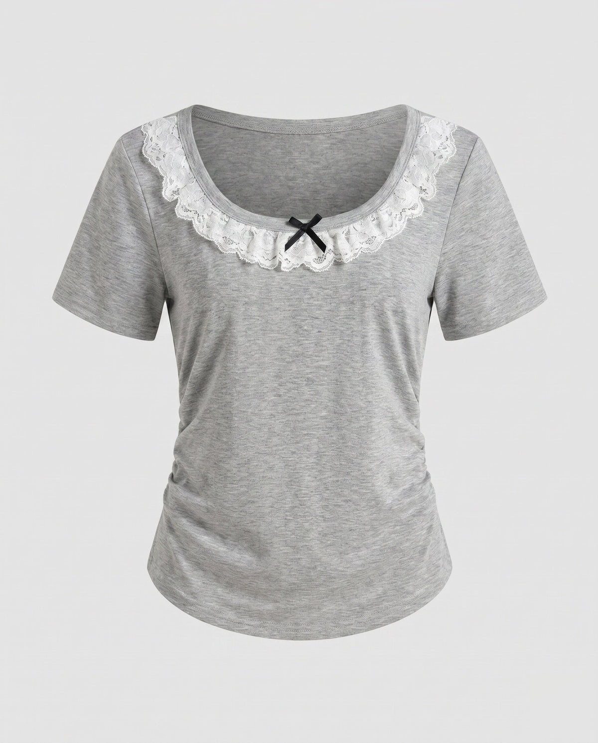Damen T-Shirt mit Spitzenkragen und seitlichen Rüschen