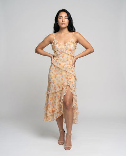 Damen Transparentes Maxikleid mit zarten Rüschen und floralem Design