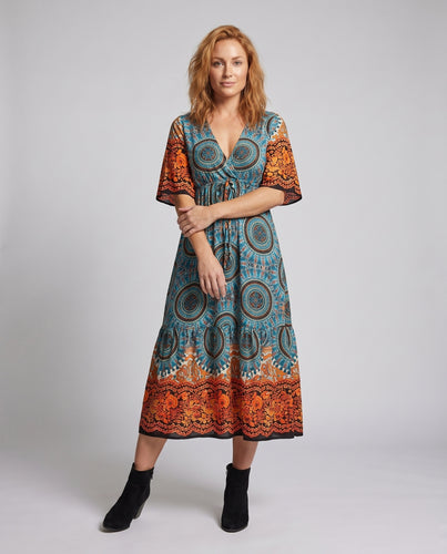 Damen Bohemian Maxikleid mit kunstvollem Druck und elegantem V-Ausschnitt R&B