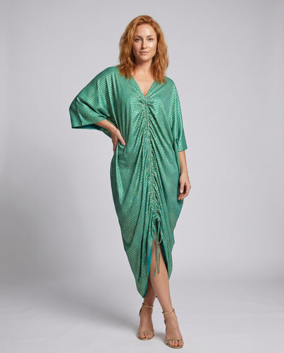 Damen eleganter Kaftan mit raffinierten Falten und tiefem V-Ausschnitt R&B