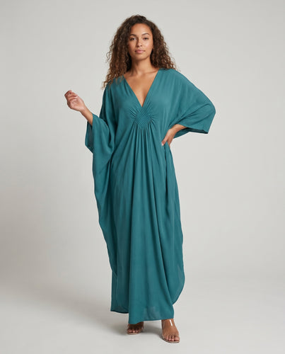 Damen eleganter Maxikleid mit tiefem V-Ausschnitt und seitlichen Schlitzen R&B