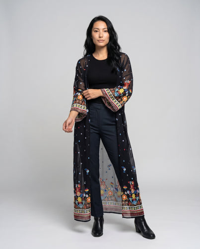 Damen eleganter Strandkimono mit floralen Applikationen R&B