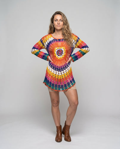 Damen Häkel-Strandkleid mit buntem geometrischen Design R&B