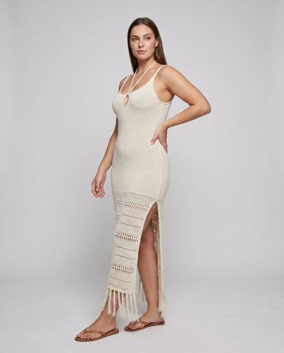 Damen Häkel Strandkleid mit fransigem Saum und tiefem V-Ausschnitt R&B