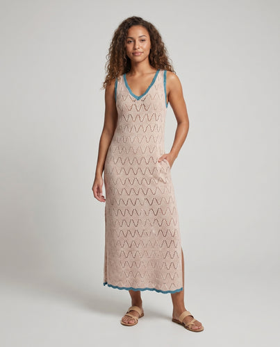 Damen Häkel-Strandkleid mit seitlichen Schlitzen und modischen Akzenten R&B
