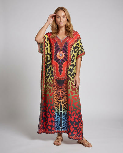 Damen Kaftan mit aufwendigem Tierdesign und bunten Akzenten R&B