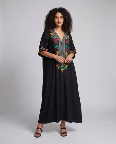 Damen Langmaxikleid mit auffälliger bestickter Kontrastverzierung R&B