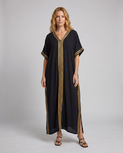 Damen Maxi-Kaftan mit elegantem V-Ausschnitt und goldenen Akzenten R&B