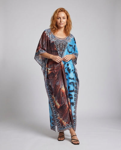 Damen Maxi-Kleid mit künstlerischem, farbenfrohem Druck und fließendem Schnitt R&B