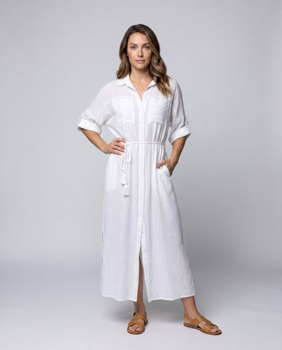 Damen Maxi-Strandkleid mit elegantem Hemdkragen und Taillengürtel R&B