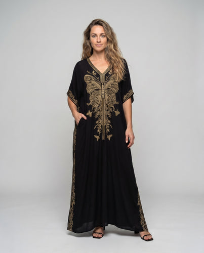 Damen Maxikaftan mit kunstvollem Schmetterlingsdesign und seitlichen Schlitzen R&B