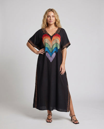 Damen Maxikleid mit buntem Herzdesign und eleganter Stickerei R&B