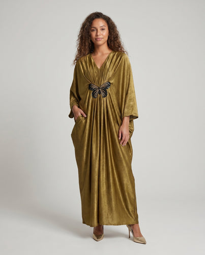 Damen Maxikleid mit eleganter Butterfly-Applikation und schwingendem Schnitt Heidi Mode