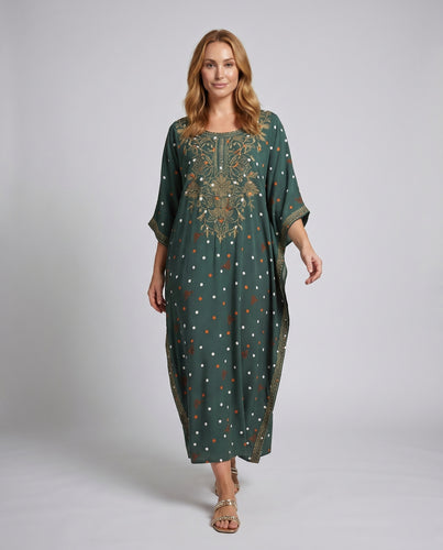 Damen Maxikleid mit kunstvoller Stickerei und verspielten Pünktchen Heidi Mode