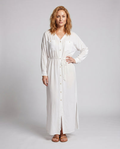Damen Maxikleid mit praktischen Knopfdetails und elegantem Taillengürtel Heidi Mode