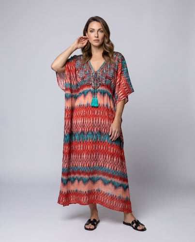 Damen Maxikleid mit tiefem V-Ausschnitt und kunstvoller Bestickung Heidi Mode