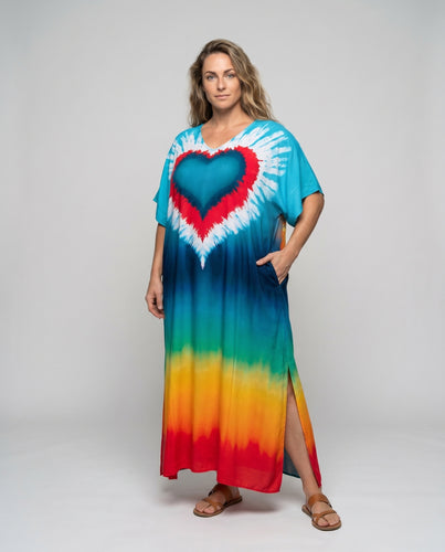 Damen Maxikleid mit weitem Schnitt und kunstvollem Batikdesign Heidi Mode
