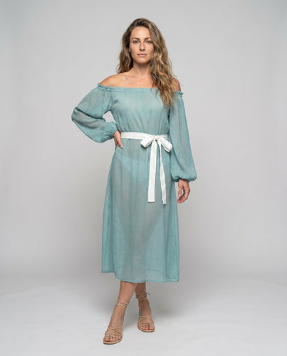 Damen Midi-Kleid mit off-shoulder Ausschnitt und eleganter Schleife Heidi Mode