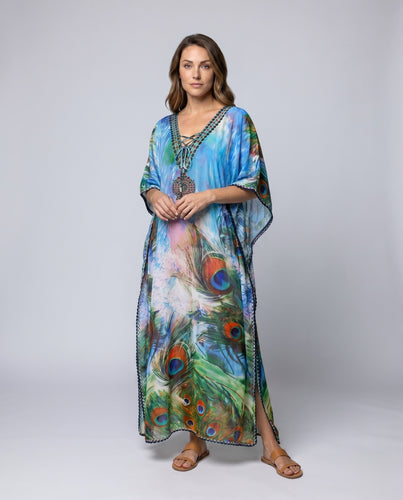 Damen Strandkaftan mit farbenfrohem Pfauenmotiv Heidi Mode