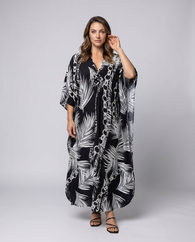 Damen Strandkaftan mit floralem Blätterdruck und lockerem Schnitt Heidi Mode