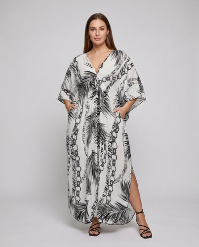 Damen Strandkaftan mit voluminösen Ärmeln und kunstvollem Tierdruck Heidi Mode