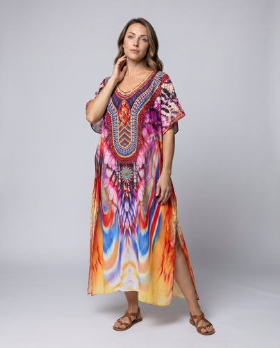 Damen Strandkleid mit kunstvollem Farbverlauf und originellem Ethnodruck Heidi Mode