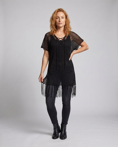 Damen Strandtunika mit Fransen und dekorativen Häkel-Details Heidi Mode