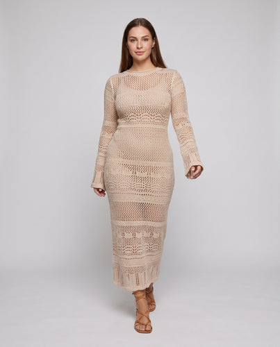 Damen Strick-Maxikleid mit feinmaschiger Häkelstruktur Heidi Mode