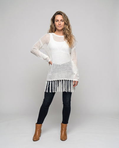 Damen Strickstrandpullover mit Fransen und luftiger Struktur Heidi Mode