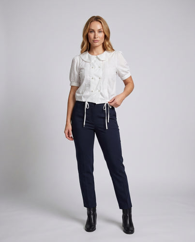 Damen nan Bubikragen-Bluse mit Biesen, Puffärmeln, Doppelknopf-Detail und Tunnelzug-Taille