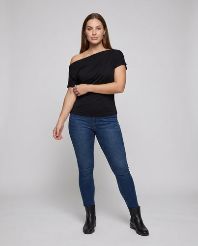 Damen nan einschulteriges asymmetrisches Jersey-Top mit feiner Drapierung, kurzem Ärmel und taillierter Silhouette