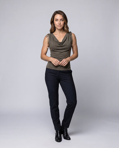 Damen nan elegant drapiertes Trägertop mit Wasserfall-Ausschnitt, verstellbaren Knoten-Schultern und Zierperlen
