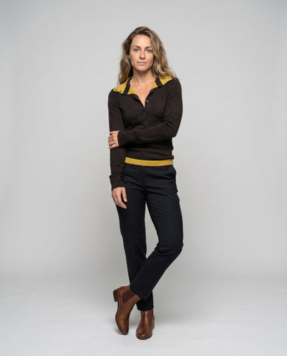 Damen nan feines Polokragen-Feinstricktop mit Kontrastbesatz, halber Knopfleiste und taillierter Passform