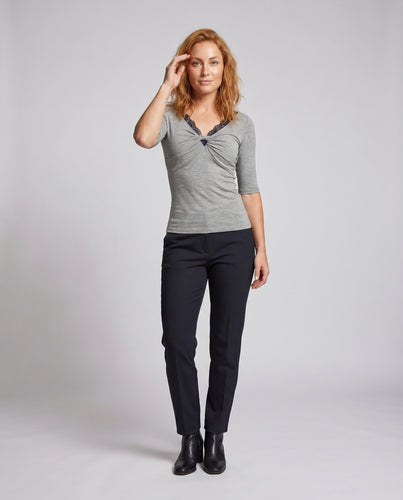 Damen nan figurbetontes Dreiviertelarm-Oberteil mit Twist-Knoten und Spitzen-Cami