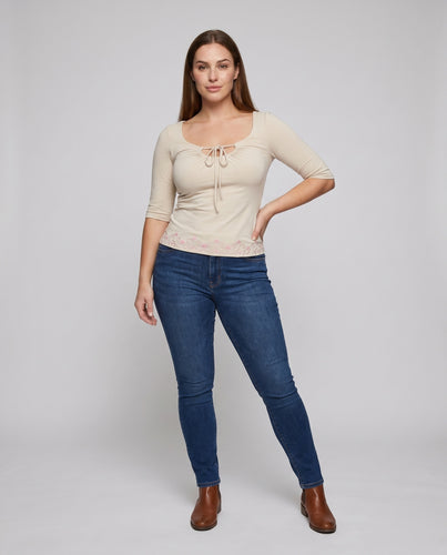 Damen nan figurbetontes Stretchjersey-Top mit Schlüsselloch-Ausschnitt, Knoten und Raffung