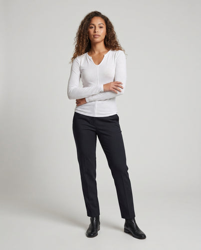 Damen nan figurbetontes Strukturstrick-Langarmshirt mit V-Ausschnitt, Mittelnaht und leichtem Stretch