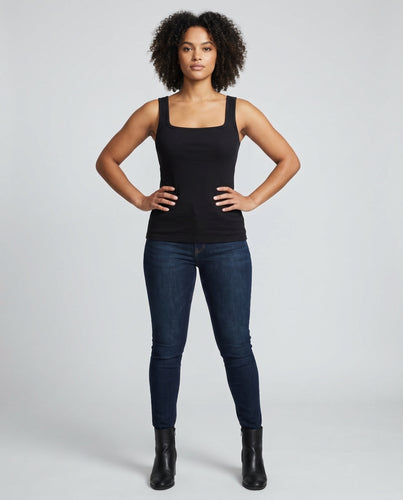 Damen nan figurnahes gestreiftes Trägertop aus feinem Rippjersey mit eckigem Ausschnitt und formenden Nähten