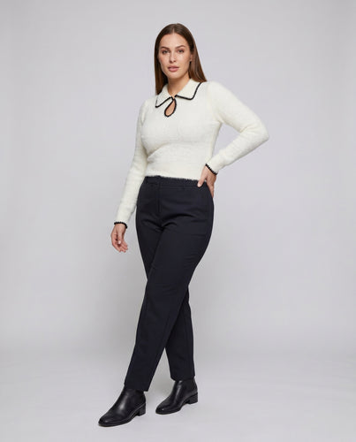 Damen nan flauschiger Bouclé-Strickpullover mit dekorativem Zierkragen, Schlüsselloch und leicht verkürzter Silhouette