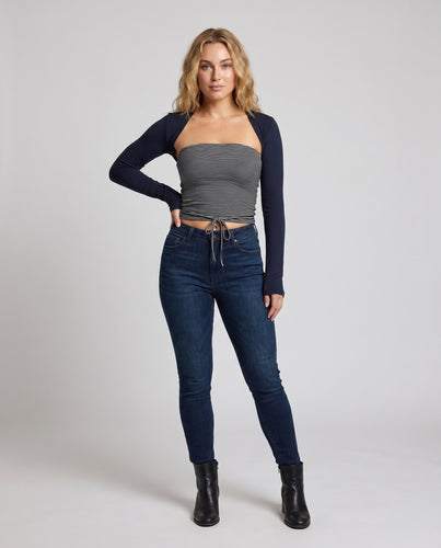 Damen nan gestreiftes trägerloses Tunnelzug-Bandeau mit anschmiegsamem Langarm-Bolero