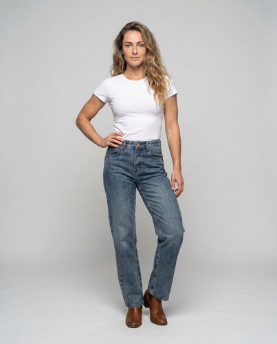 Damen nan hochgeschnittene Jeans mit weitem Bein, geradem Schnitt, Fünf-Taschen-Design und weichem Jeansstoff