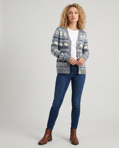 Damen nan Jacquard-Strickjacke mit Hundemotiv, Rundhals und Knopfleiste