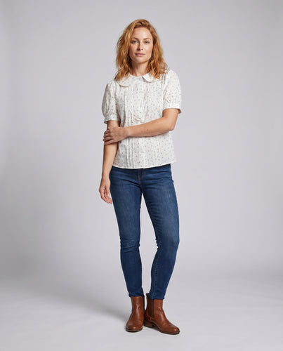 Damen nan Kurzbluse mit Peter-Pan-Kragen, Puffärmeln und kleinem Blumenmuster