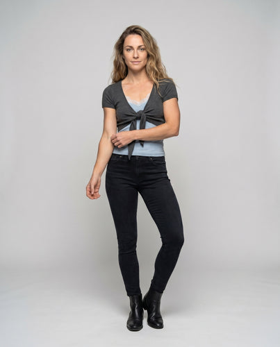 Damen nan kurzgeschnittene Bindestrickjacke mit Knotendetail und V-Ausschnitt