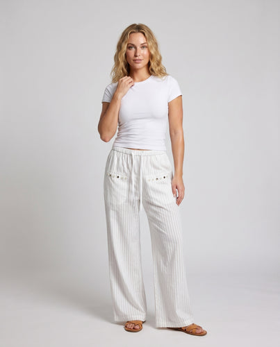 Damen nan lässige Nadelstreifen-Relaxhose mit elastischem Bund, Tunnelzug und Zierknopf-Taschendetail