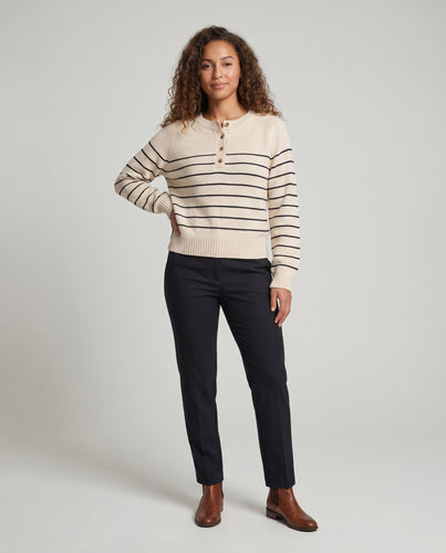 Damen nan lässiger gestreifter Strickpullover mit Henley-Knopfleiste und überschnittener Schulter