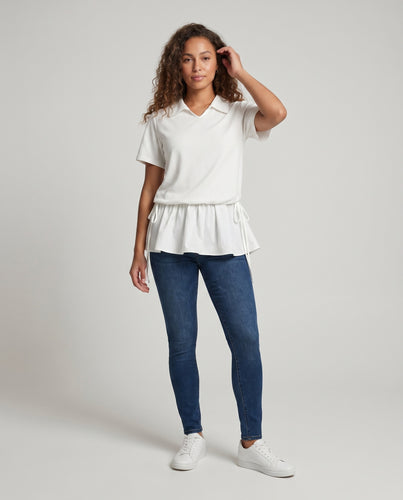 Damen nan lässiges Kurzarmshirt mit Spitzenrevers, V-Ausschnitt und mehrlagigem Volantsaum