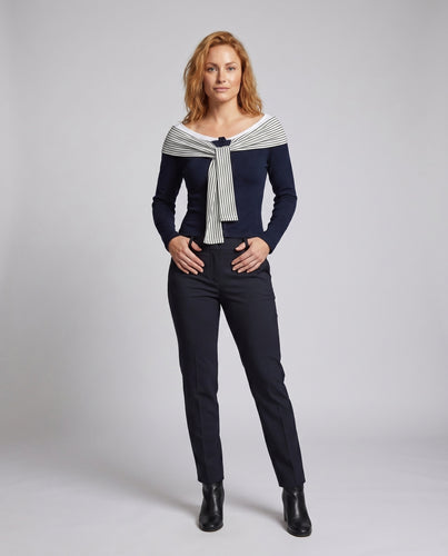 Damen nan maritim inspiriertes Langarmshirt mit angenähtem Streifenschal und Knoten-Detail